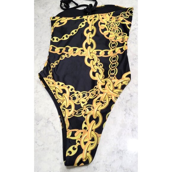 Chain Print Black & Gold One-Piece Swimsuit with Halter Tie & Lace Up Front S - Picture 7 of 7